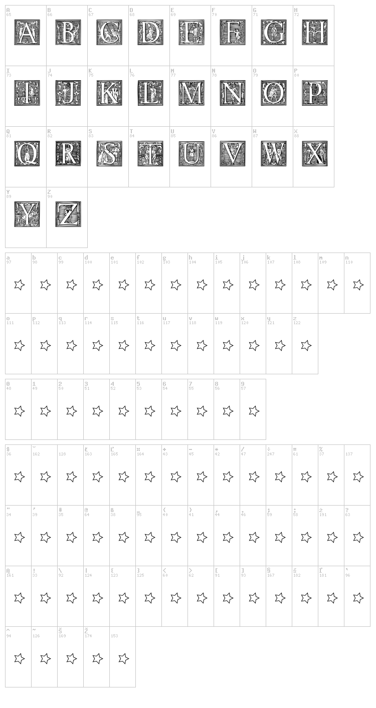 Picto Glyphs font map
